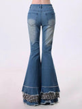 KYLETHOMASW  -  Women Stitch Raw Edge Ruffle Hem Flare Jeans Retro Tartan Plaid Whiskers Boot Cut Pants Grayu Y2k Korean Streetwear