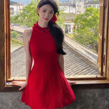 French Halter Neck Sleeveless Knitted Dress Summer Elegant Ruffle Slim Mini Dresses Women Solid Color A-Line Pleated Dress A026