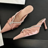 KYLETHOMASW  -   Satin Designer Pointed Heeled Sandals Women Rhinestone Stiletto Heel Slides Elegant Pleated Fashions Mules Pumps Slippers Women