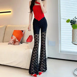 KYLETHOMASW  -  Sexy Y2K White Sheer Lace High Waist Flare Pants | See-Through Mesh Bell Bottom Trousers | Kawaii Aesthetic Summer Streetwear