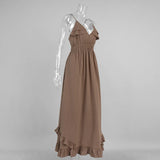 KYLETHOMASW  -  Summer New Suspender Deep V Strap Ruffle Edge High Waist Solid Color Dress