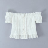 KYLETHOMASW  -  Sexy Off Shoulder White Cropped Shirt Women Front Button Short Sleeve Cotton Summer Blouse Sweet Tops New