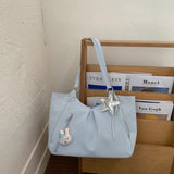 KYLETHOMASW  -  Vintage Frosted Tote Bag Casual Students Purse Large Capacity Shoulder Bag Polka Dot Drawstring Zipper Handbag with Star Pendant