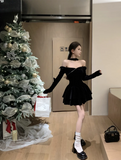 KYLETHOMASW  -  Slash Neck Velvet Black Preppy Dress Long Sleeve Princess Slim Layered Dress Sexy Strapless Birthday Christmas Party Vestidos