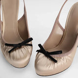 KYLETHOMASW  -  New Women's Beige/Black Satin Slingback Pumps Bowknot Decor Round Toe Platform Block High Heel Fashion Party Evening Shoes