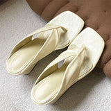 KYLETHOMASW  -  Fashion Women Beige Strap Wedge Heel Flip Flops Square Toe Slip on Mules Satin Summer Casual Beach Slides Sandals