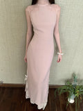 KYLETHOMASW  -  New Chinese Style Stand Collar Cheongsam Lace Pink Dress Slim Waist Long Skirt