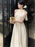 Kylethomasw Elegant Dresses for Women Solid New Summer Holiday Style Halter Sleeveless A-line French Evening Dress Party Prom Robe Vestido