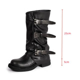 KYLETHOMASW  -  Vintage Soft Leather Belt Strap Buckle Mid-Calf Women Motorcycle Boots Fashion Thick High heels Autumn Winter Knight Booties