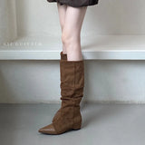 KYLETHOMASW  -  Brown Brand Women Long Boots Fashion Pointed Toe Slip On Ladies Elegant Knee-high Boots Square heel Outdoor Dress Pumps