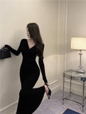 KYLETHOMASW  -  Sweet Hot Girl Sexy V-neck Twisted Dress Women's Autumn Lace-up Slim Fit Hip Wrapped Mermaid Long Dress Fashion Female Clothes