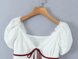 KYLETHOMASW  -  New Contrasting Bow Lace Trim White Blouse Women Sexy V Neck Puff Sleeve Slim Summer Crop Top