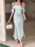 KYLETHOMASW  -  Summer Elegant Women Spaghetti Strap Dress Solid Y2K Sleeveless A-Line Princess Prom Wedding Evening Pirty Backless Clothes