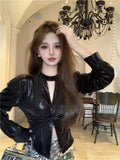 Kylethomasw Halter Shiny Blouse Women Puff Sleeve V-Neck Slim Fit Ladies Shirts Autumn Winter Design Streetwear Fashion Silver Top