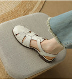 KYLETHOMASW  -  Sandals Women Low Thick Heel Genuine Leather Hook and Loop Back Strap Casual Sandals Summer Solid Color Shoes Fashion New