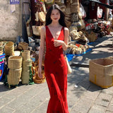 KYLETHOMASW  -  High end Glamorous Socialite Party Evening Red V-neck Sexy Camisole Dress Slim Fit Sleeveless Bodycon Maxi Dresses for Women