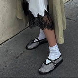 KYLETHOMASW  -  Summer Hollow Mesh Women sandals Ballet Falts Shoes Round Toe Mary Jane woemn Sandals Buckle Strap shoes Plus Size 35-42