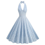 KYLETHOMASW  -  New Hepburn Vintage Blue and White Plaid Holiday Women Summer Dresses Sexy Halter High Waist Fit and Flare Rockabilly Dress