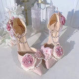 KYLETHOMASW  -  Sweet Pink Floral Pearl Strap High Heel Sandals Woman Summer Rose Ankle Strap Bridal Lolita Wedding Shoes Party Shoes