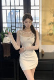 Summer Korean Fashion Light Luxury Knit Evening Gown Women's Round Neck Long-sleeve Tulle Paneled Bodycon Mini Dress High-street