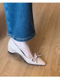 KYLETHOMASW  -  Elegant Soft Inner Heightening Single Shoes Leather Butterfly Knot Pointed Toe Low Heel Summer Spring Autumn Women's Flats