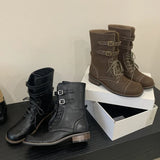KYLETHOMASW  -  Fashion Design Narrow Band Lace-up Women Knee-High Boots Vintage Spring Autumn Round Toe Square Low Heels Shoes