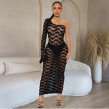 Kylethomasw One Shoulder Flare Sleeve Beach Dress Women Sexy See Through Slim Maxi Dress Elegant Solid Long Dress Holiday Beach Outfit