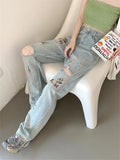 KYLETHOMASW  -   Women Embroidery Flowers Jeans Autumn  OL Hole Chic Loose Fashion Slim New Straight Denim Streetwear Pants