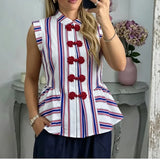 KYLETHOMASW  -  Striped Mandarin Collar Frog Button Ruffle Trim Top Striped Single‑breasted Summer Women Blouse Versatile Casual Lady Office Top