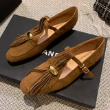 KYLETHOMASW  -  Luxury Metal Decoration Tassel Design Flats Women Comfortable Faux Suede Soft Sole Loafers Retro T Strap Buckle Mary Jane Shoes