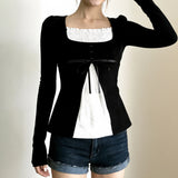 KYLETHOMASW  -  French Sweet Patchwork Contrast Color Fake Two Piece Slim Square Collar Long Sleeve Slim T-Shirts
