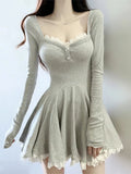 Kylethomasw Harajuku Hot Sweet Corset Dress Temperament Women Lace Patchwork Square Collar A-Line Coquette Grey One-Piece Frocks Gyaru Tide