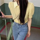 KYLETHOMASW  -  Spring Summer Knitting T-shirts Simple Hemp Pattern O Neck Solid Knitted Tees Short Sleeve Korean Fashion Ropa De Mujer