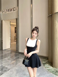 KYLETHOMASW  -  Elegant Black and White Spliced Knitted Dress Women's Summer Sleeveless O-neck Slim Fit A-line Short Dress