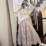 KYLETHOMASW  -  Korean Sweet Patchwork Floral A-line Skirt for Women Y2k High Waist Skirts 2024 Summer New Loose Mid-length Vintage Clothing