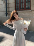 KIylethomasw Autumn Fashion White Knitted Dress Women Elegant Sexy Off Shoulder Slim A-Line Robe Korean Spring Casual Long Sleeve Clothing