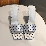 KYLETHOMASW  -  Summer Women Satin Polka Dot Slippers Sexy Square Toe Thin High Heel Dress Shoes Elegant Banquet Stripper Party Slides Shoes
