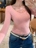 KYLETHOMASW  -  Y2k Sexy Solid Lace Patchwork V Neck Long Sleeve Slim Waist All Match Women's T-shirts