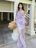KYLETHOMASW  -  Flowy Flounce Evening Party Gown Fairy Tulle Ruffled Halter Sleeveless Maxi Long Mermaid Dress Women Summer Clothes