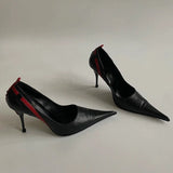 KYLETHOMASW  -  Pointed Toe Stiletto Rivet Decoration Women Shoes Fashion Black and Red Rome Women Shoes Slip-on Hand-made