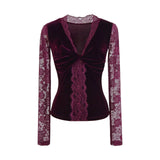 KYLETHOMASW  -  Velvet Lace Patchwork V-neck Long Sleeve T-shirt Autumn  New Style Women Comfortable Casual Fashionable T-shirt Top