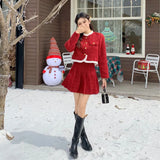 KYLETHOMASW  -  Sweet Hot Girl Christmas Suit Women's Autumn O-neck Long-sleeved Coat High Waisted A-line Skirt Two-piece Set Female Clothes