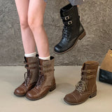 KYLETHOMASW  -  Fashion Design Narrow Band Lace-up Women Knee-High Boots Vintage Spring Autumn Round Toe Square Low Heels Shoes