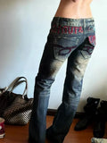 KYLETHOMASW  -  American Spice Girl Subculture Old Micro-pull Jeans Children Retro Design Sense Heavy Industry Embroidery Low-rise Floor Pants