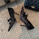KYLETHOMASW  -  New Thin Heel Shallow Mouth Single Shoes Banquet Fashion Bow Pointed Water Diamond Silk High Heels
