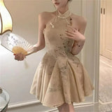 KYLETHOMASW  -  Women Chinese Style Vintage Sexy Halter Sleeveless Mini Dress Summer Stand Collar High Waist Slim Elegant Party Dresses Vestidos