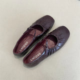KYLETHOMASW  -  Pleated Mary Janes Flats Shoes Women Square Toe Pu Leather Comfortable Elegant Red Shoes Ladies Shallow Black Ballet Flats New