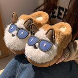 KYLETHOMASW  -  Cartoon Puppy Warm Fluffy Fur Indoor Slippers Soft Eva Couple's Furry Slippers 2025 Winter Comfort Thick Bottom Plush Slides 45