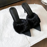 KYLETHOMASW  -  Summer Women's Furry Fur High Heels Mules Sandals Pointed Toe Slip On Stiletto Slipper Ladies Sexy Party Dress Heeled Sandals