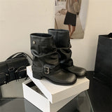 KYLETHOMASW  -  Black Boots Ladies Round Toe Chunky Heels Fall Shoes Belt Buckle Cowboy Boots For Woman 2025 New Arrivals Botas Vintage